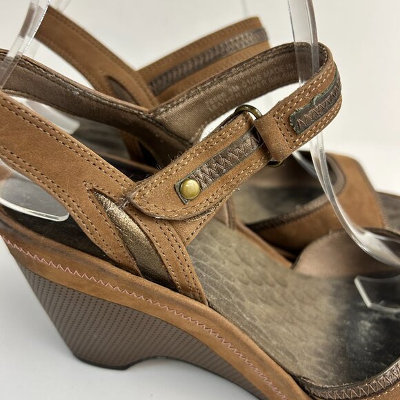 Privo Sandals Brown Wedge Slingback Heels Leather Peep Toe Comfort - Picture 7 of 13